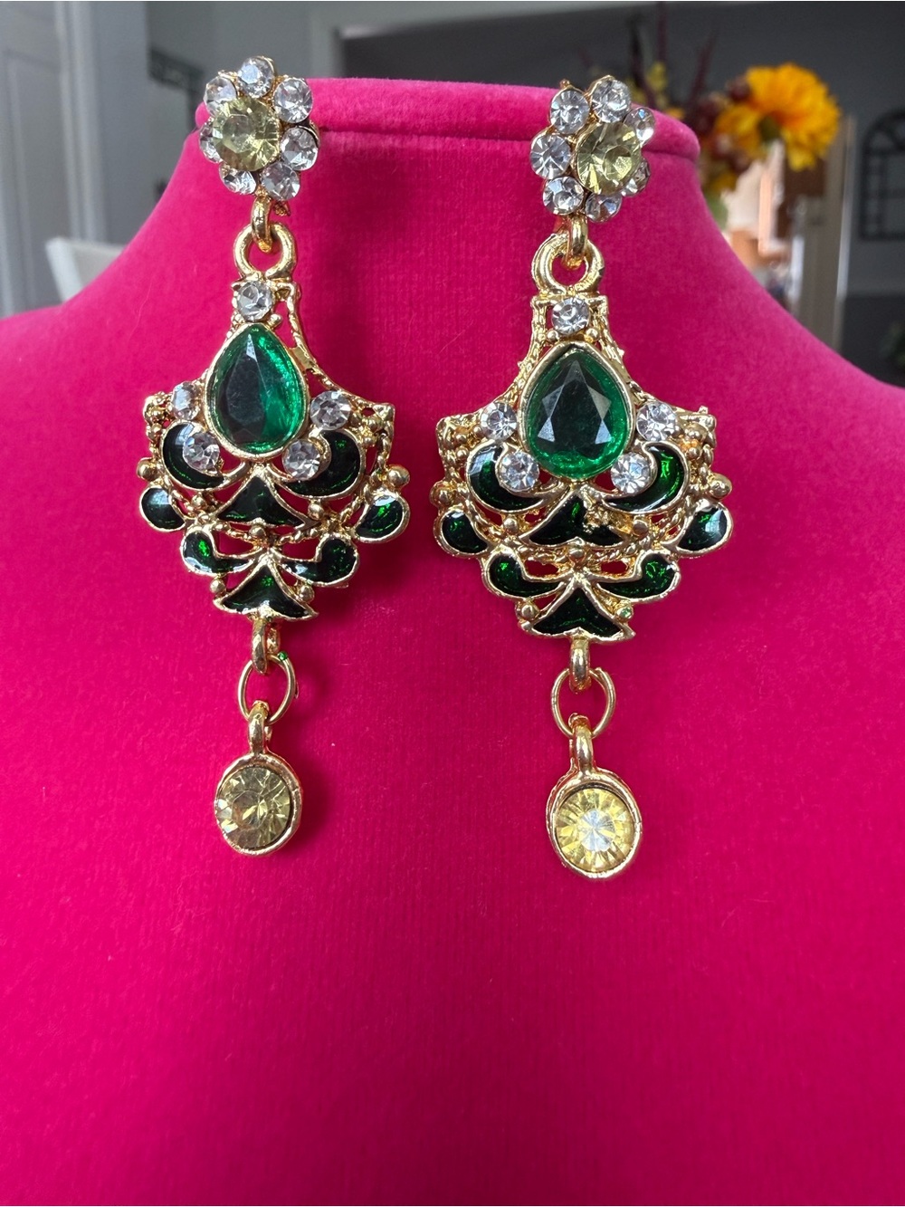 India Boutique Goldtone Earrings with Emerald Green and Yellow Crystals